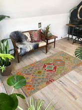 Flat Weave Kilim Antique Navaho Vintage handmade Geometric Kilim Brown Blue Hand-Woven Runner 100% Wool Area Rug 3x6